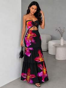 ChicMe Tropical Plant Print Women's Long Tube Dress, Ruched Waist Mermaid Hem Elegant Vacation Party Summer Dress - Black - View 6