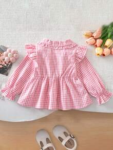 1pc Young Girl) Cute Peter Pan Collar Long Sleeve Plaid Shirt, Thin Fabric, Spring/Autumn - Pink - View 2