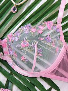 2件組女款櫻桃紅迷人優雅刺繡花卉粉色睡衣，半透明網紗鏤空愛心裝飾女款兩件套 - 淺粉色 - 查看 5