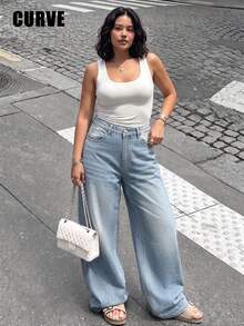 Plus Size Retro Casual Loose Straight Leg Denim Maxi Pants, Fashionable & Versatile Spring Fall - Light Wash - View 2