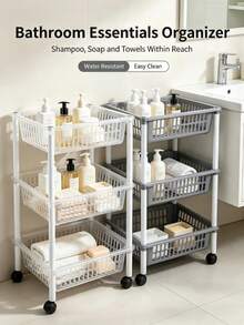 3‑Tier Rolling Storage Trolley, Large‑Capacity Hollow Basket Organizer Rack, Detachable Design, Plastic Material, Rectangular Multi‑Layer Storage Shelf, Mobile Utility Cart Suitable For Kitchen, Bathroom, Bedroom And More - Multicolor - View 9