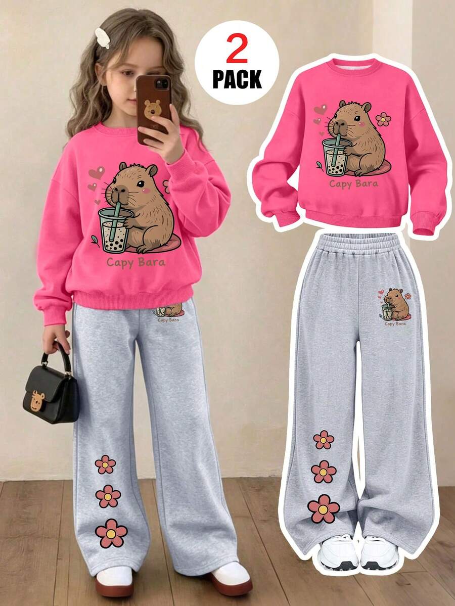 2pcs/Set Pakaian Kasual Anak Perempuan, Termasuk Sweatshirt Leher Bulat Motif Capybara + Celana Panjang Kasual, Lembut dan Nyaman, Cocok untuk Dipakai di Musim Gugur/Musim Dingin - MultiWarna - View 1