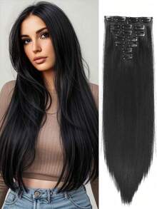 7pcs 24 Inch Clip-In Synthetic Hair Extensions, Thick Natural Black Hair Bundles - Multicolor - View 1