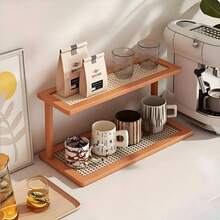1pc Wooden Double-Layer Kitchen Storage Rack, Open Storage, Large Capacity Desktop Organizer, Tea Cup Water Cup Tea Set Storage Rack, Tableware Drain Rack, Spice Rack, Home Decor And Figurine Display Rack, Woven Panel, Quick Drying, Breathable And Moisture-Proof, Suitable For Kitchen, Dining Room, Balcony, Living Room And Bedroom Storage And Organization, - Multicolor - View 5