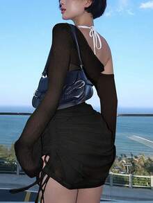 Women Solid Color Asymmetric Neck Long Sleeve Drawstring Dress, Suitable For Summer Black Spring Elegant - Black - View 3