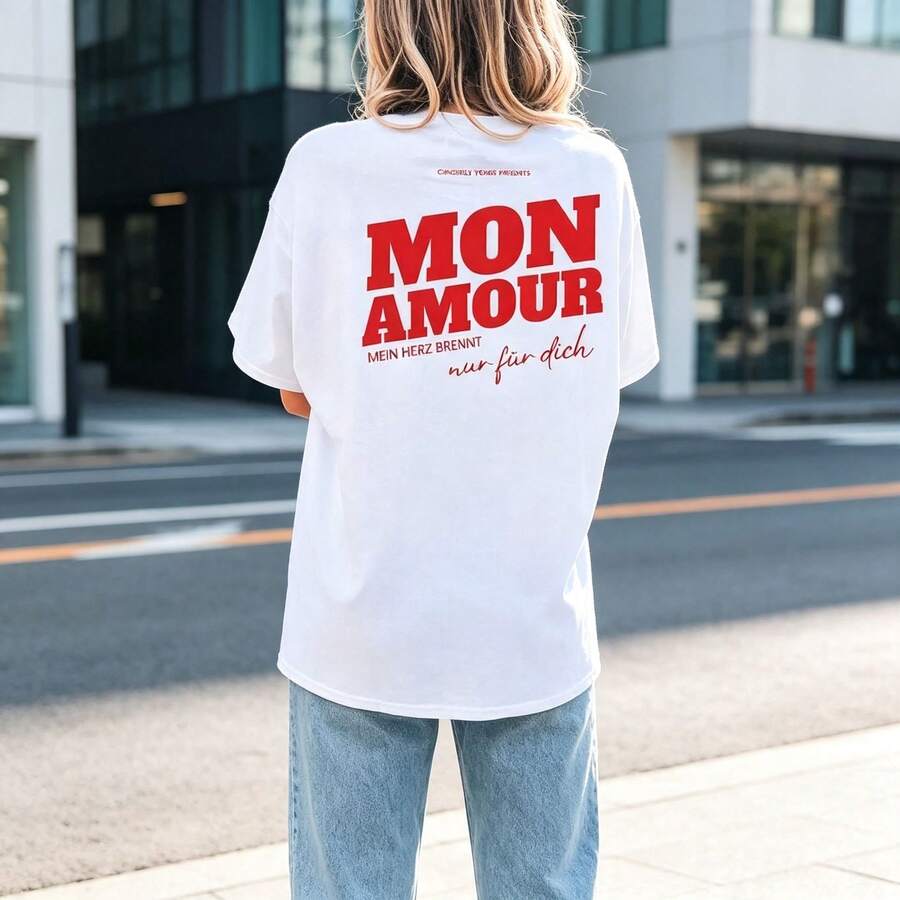 Large Size T Shirt Malle Party Shirt Mon Amour,French Text,Pattern Design,Round Neck,Romantic Gifts For A Bachelorette Party,Solid Color - 白色 - 查看 1