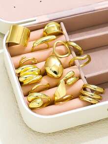 Juego de 14 piezas/set de anillos vintage lisos para mujeres, anillos de dedo geométricos creativos asimétricos, joyería punk diaria, regalos - Amarillo Oro - Ver 4