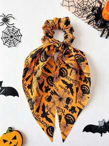 1pc Halloween Print Ribbon Bow Hair Tie, Pumpkin Spider Web Witch Pattern Hair Rope, Autumn Dark Hair Accessory, Gift For Girls - Multicolor - View 8