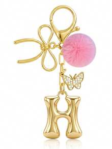 Cute Minimalist A-Z Initial Gold Keychain With Bowknot Pink Fur Ball Key Chain For Women's Bags, Daily Wear And Gift - Gold - View 9