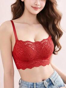 Elisvara Wireless Black Sexy Lace Bra, Push-Up Comfortable Thin Style, Sheer Mesh For Women - Red - View 3