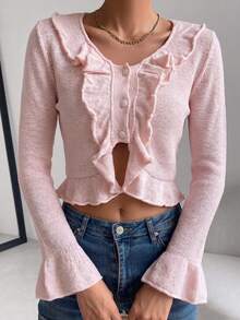 Women's Open Front Cardigan, Deep V-Neck, Single-Breasted Button Closure, Long Sleeve, Ruffle Trim, Romantic Sweet Girl Style, Short Fitted Knit Top, Spring Autumn Winter - Pink - View 4