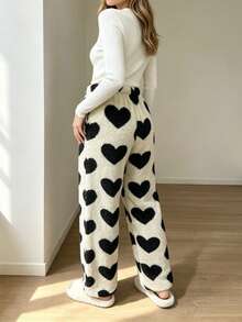 1pc Women's Flannel Heart Print Long Pants, Casual Comfortable Loungewear Pajama Pants - Beige - View 4