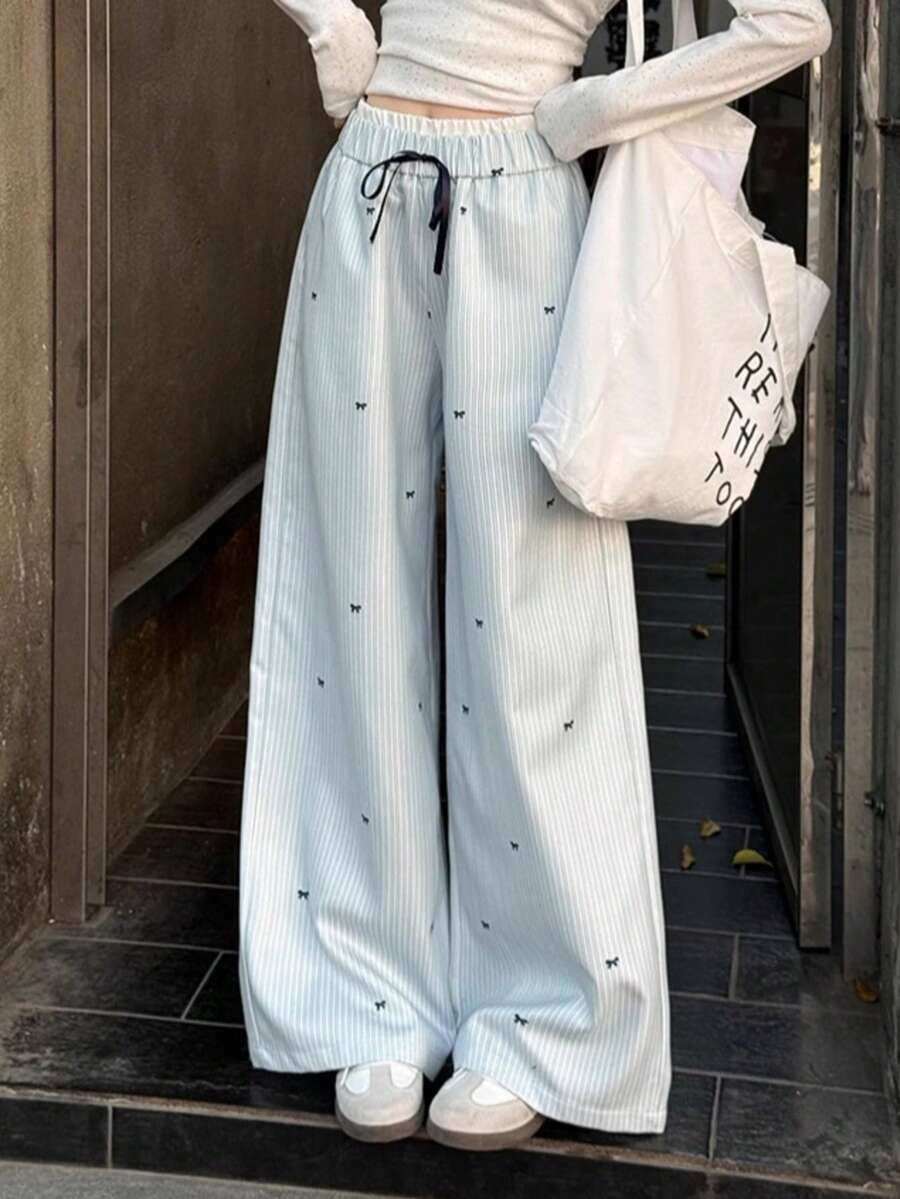 Celana Panjang Wanita Garis Biru Model Lebar, Celana Kasual Lurus Musim Panas dengan Desain - Baby Blue - View 1