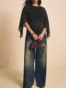Maternity Round Neck Top For Pregnant Women, Draped Chiffon Sleeves With Side Ruched Detail, High Elasticity Maternity T-Shirt For Casual, Commute And Daily Wear - Black - View 5