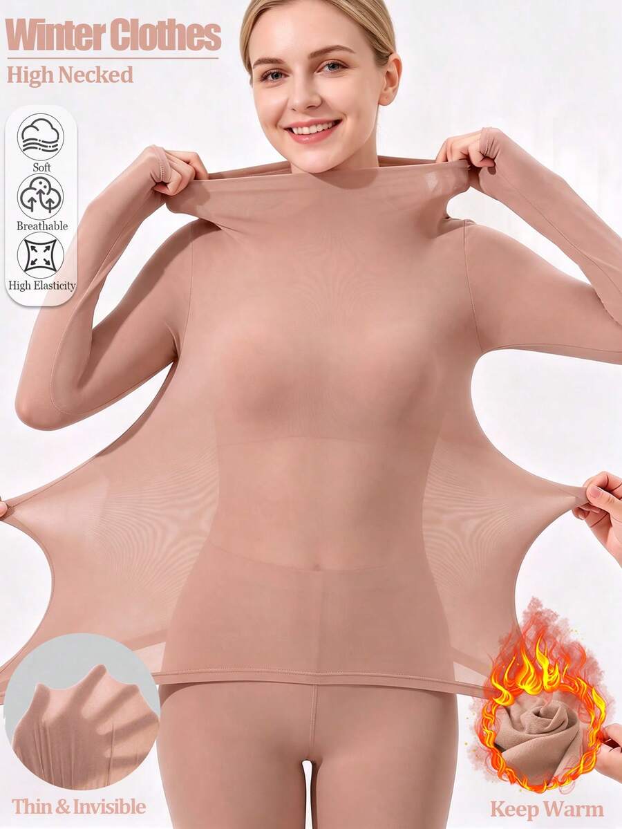 女款高領無縫保暖長袖內搭上衣,圓領修身高彈性秋冬底層衣 - 粉色 - 查看 1