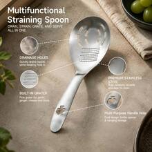 1pc Multifunctional Stainless Steel Straining Spoon, All-In-One Kitchen Gadget With Built-In Grater & Bottle Opener, Drain & Scoop Food - Silver - View 2