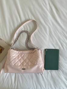 Women's Shoulder Handbag, Quilted Faux Leather With Metal Chain, Detachable Crossbody Strap, Minimalist Everyday Bag - Pink - View 7