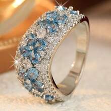 Romantic Luxury Blue Flower Full-Pave Cubic Zirconia Wide Band Ring, Elegant Bridal Wedding Banquet Accessory For Women - Silver - View 11
