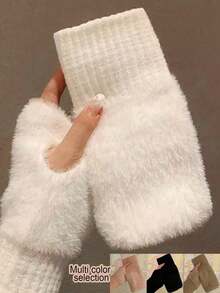 1Pair Fluffy Ribbed Knit Fingerless Gloves, Fuzzy Plush Wrist Warmers With Stretchy Cuff, Winter Hand Accessory For Women Daily Wear - Multicolor - View 1