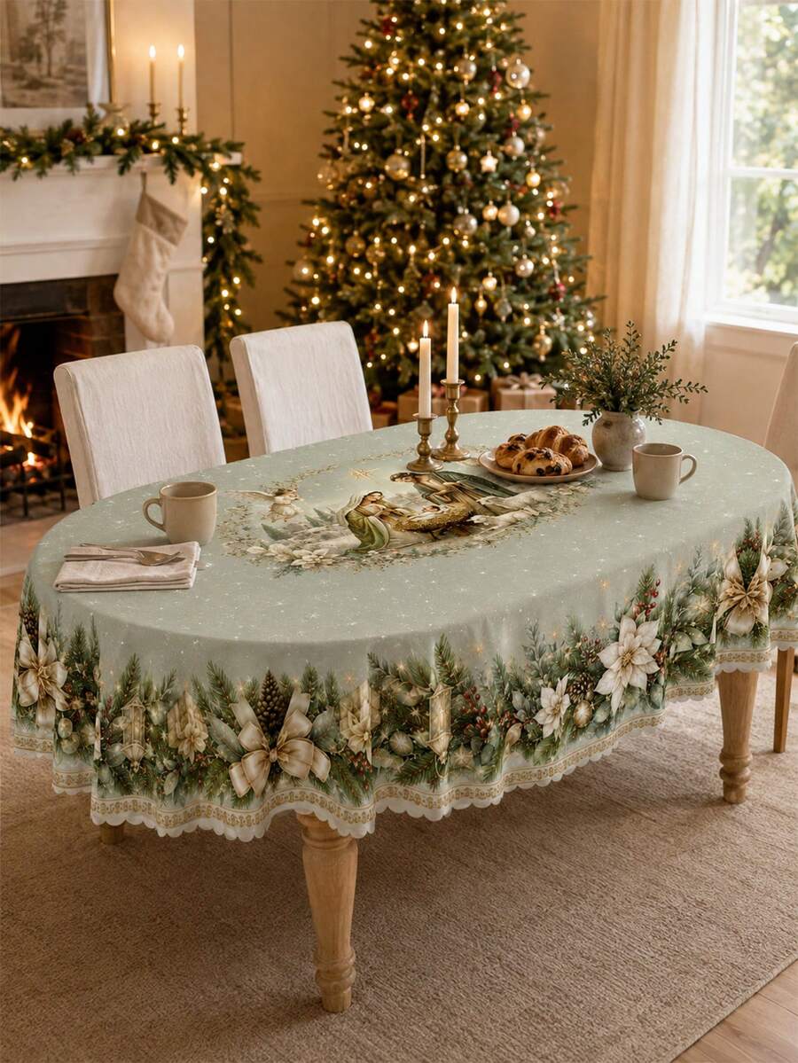 A Christmas-Themed Nativity Tablecloth-A Sacred Dining Table Decoration Featuring White Floral And Snowflake Patterns-Suitable For Holiday Home Decor And Kitchen Use; A Perfect Gift For Christmas Eve. - Multicolor - View 1