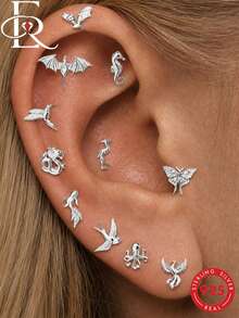 EleRunis 1pc 925 Sterling Silver Ocean Animal Flat Back Labret Earring, Shell Helix/Cartilage/Conch Spiral Piercing Stud, Punk Style Delicate Jewelry, Suitable For Daily Wear And Party - Gold - View 12