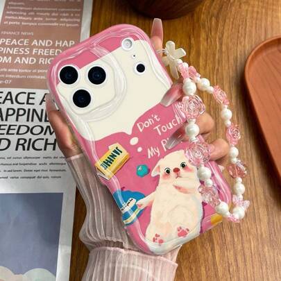 1pc Pink & White Contrast Cartoon White Puppy Print Anti-Drop Soft Wave Phone Case With Pink Rose Pearl Bow Charm Chain, Compatible With Galaxy S22/23/24/S25/A04/05/06/A07/A17/A14/A15/A16/A24/A25/A34, Note 7/8/9/10/11/12/13/14, 9/10/12/13C/14C/A5, Honor X, HW, C53 C55. Compatible Models: IPhone17/16/11/13/15Plus/15Pro/15ProMax/12/14ProMax/11ProMax/12Pro/12ProMax/13Pro/13ProMax/14Pro/14Plus/Honor X7B 4G