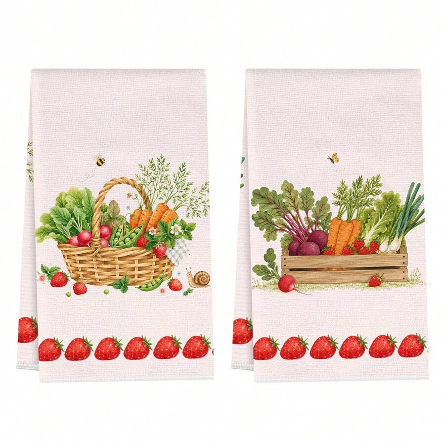 2pcs Kitchen Towels, Pastoral Fruit & Vegetable Basket Pattern Microfiber Kitchen Towels, 40*60cm/15.7*23.6in Towels, Single-Sided Print, Kitchen Dish Towels, Suitable For Restaurant, Kitchen, Bathroom Decor, Holiday Gift - Multicolor - View 1