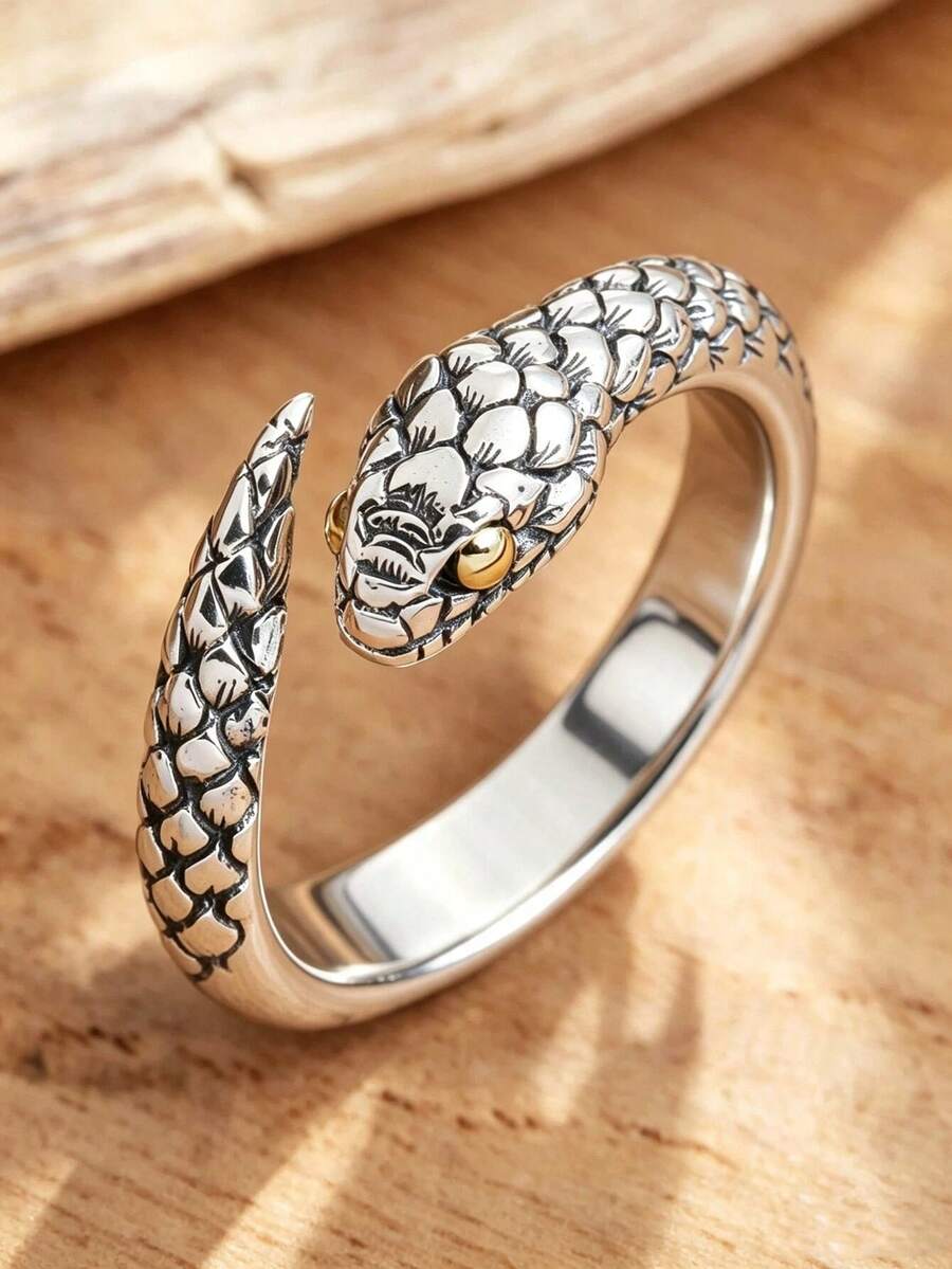 Eterna Glow 1pc Vintage Gothic Snake Rings For Men Women Retro Carved Scale Snake Open Adjustable Ring Gold Color Eyes Punk Animal Finger Ring Party Jewelry Gift - Ring - View 1