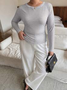 Women's Plus-Size Striped Long-Sleeve T-Shirt With A Crew Neck, Stretchy Fabric, And A Regular Fit. Perfect For Everyday Wea - Multicolor - View 4