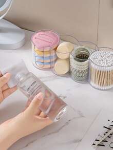 1pc 4-In-1 Cotton Pad Storage Box & Cotton Swab Dispenser, Multi-Functional Vanity Organizer With Wooden Dust Cover, 4-Compartment Cosmetic Storage Container For Cotton Balls, Cotton Swabs And Sponges, Desktop Organizer - Multicolor - View 2