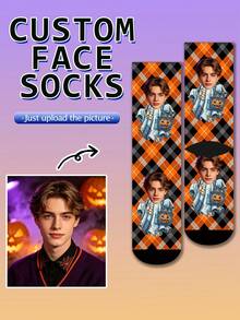 1 Pair Of Custom Socks, Smiling Face Custom Socks, Halloween, Plaid, Fun Socks, Birthday Gift, Wedding Gift, Friend Gift, Family Socks, Holiday - Multicolor - View 3