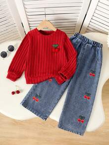 2pcs/Set Setelan Anak Perempuan Gaya Manis: Pullover Rajut Lengan Panjang Bergaris Motif Ceri + Celana Jeans Bordir Ceri, Setelan Kasual untuk Jalan-jalan Musim Gugur dan Musim Dingin - Merah - View 1