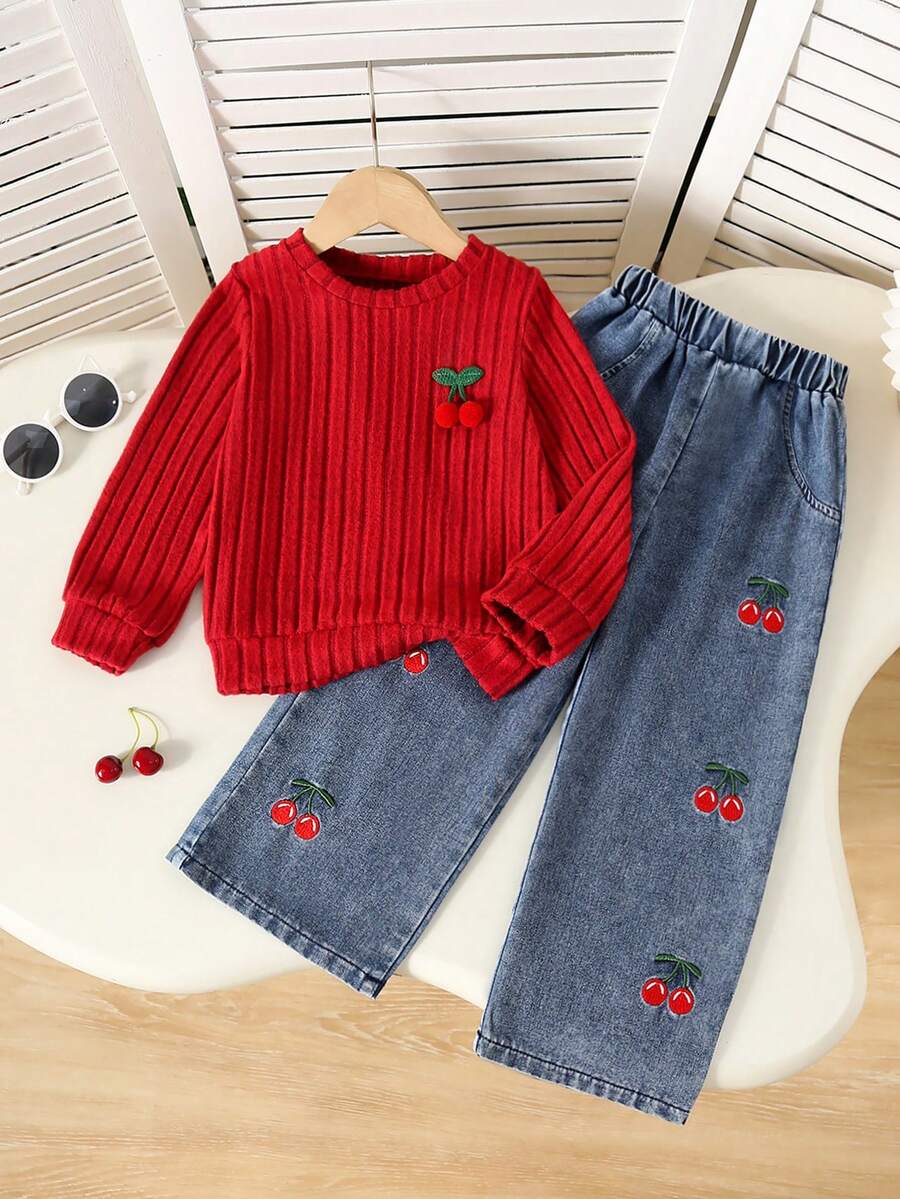 2pcs/Set Setelan Anak Perempuan Gaya Manis: Pullover Rajut Lengan Panjang Bergaris Motif Ceri + Celana Jeans Bordir Ceri, Setelan Kasual untuk Jalan-jalan Musim Gugur dan Musim Dingin - Merah - View 1