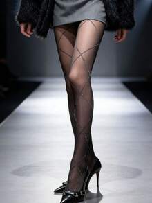 Silver Thread Cross Diamond Pattern Tights, Spring/Summer Slim Fit Design, Black Diamond Pattern Tights - Black - View 4