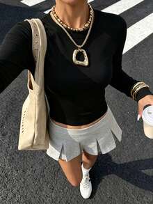 Basic Solid Color Long Sleeve T-Shirt, Short Slim Fit, Essential Casual Black Item For Autumn/Winter - Black - View 6