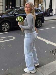 Fashionable Street Style Button-Up Cardigan, Solid Color Slim Fit Long Sleeve Top Spring - Grey - View 3
