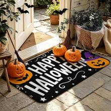 1pc Black Background White Text Pumpkin & Bat Pattern Entryway Doormat, Simple Vintage Style Polyester Rectangular Non-Slip Easy-To-Clean Mat For Halloween Holiday Doorway, Hallway, Yard - 0714+MZGJ - View 10