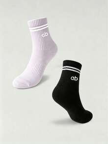 1/3/6 Pairs Women's Solid Color Letter Striped Mid-Calf Socks, Sweat-Absorbent Breathable Sports Socks, Suitable For Fitness, Running, Travel And Daily Wear, College Style - Multicolor - View 6