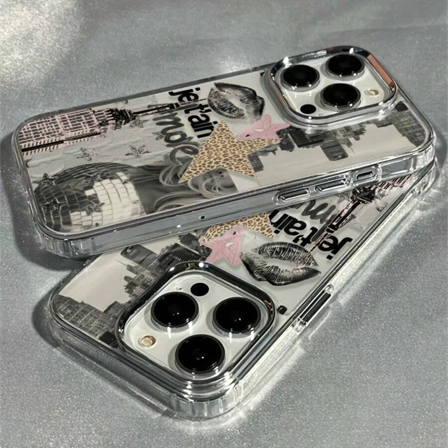 1PC British Big Ben Leopard Print Light Ball Pattern Metal Frame Soft Transparent TPU Phone Case, Compatible With IPhone 17 16 15 14 13 12 11 Pro Max Plus, Ins Style Holiday Gift - Multicolor - View 1