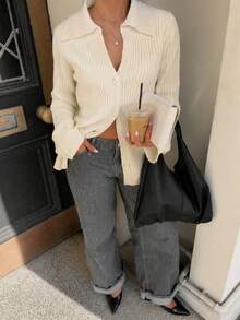 Women's Ribbed Knit Cardigan With Turn-Down Collar, Front Button Long Sleeve Loose Knit Top, Casual Commute Knit Sweater For Autumn/Winter - Apricot - View 6