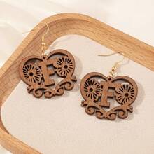 Women's Personalized Initial Wooden Earrings, Hollow Heart Daisy Flower Pattern 26 Letter Dangle Earrings - Brown - View 8