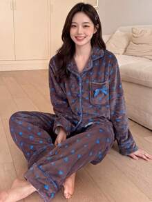 2pcs/Set Autumn/Winter Heart Print Flannel Pajamas, Lapel Front Pocket Open Front, Romantic Casual Loungewear - Brown - View 1
