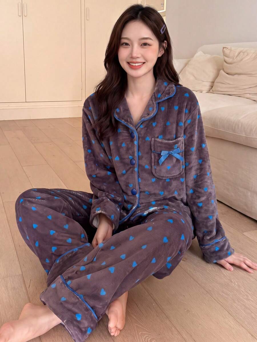 2pcs/Set Autumn/Winter Heart Print Flannel Pajamas, Lapel Front Pocket Open Front, Romantic Casual Loungewear - Brown - View 1