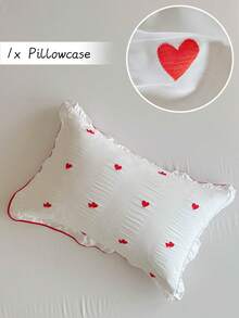 1pc Red Embroidered Small Heart Ruffle Edge Pillowcase, French Princess Style Decorative Throw Pillow Cover Suitable For All Seasons, Modern Minimalist Cute Decorative Long Pillowcase, Perfect Gift, Machine Washable, No Filling Included - Red and White - View 5