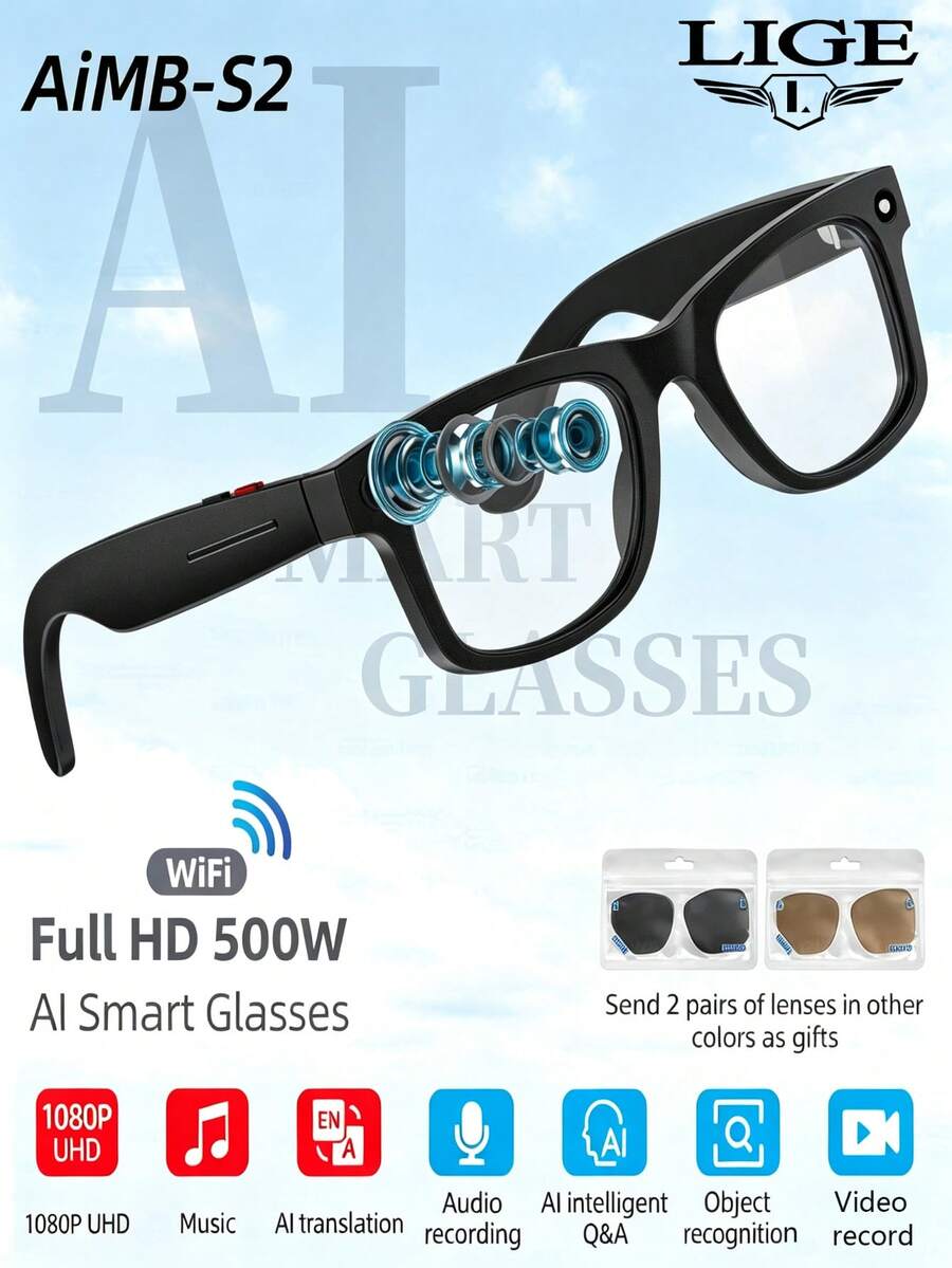 LIGE Smart Glasses: 290mAh Large Capacity Battery, AI Voice Assistant/Photo/Video Recording/Voice Recording/Music Control/Phone Calls/Notification Reminders/AI Translation/Smart Object Recognition - Multi-Functional Fashion Smart Glasses