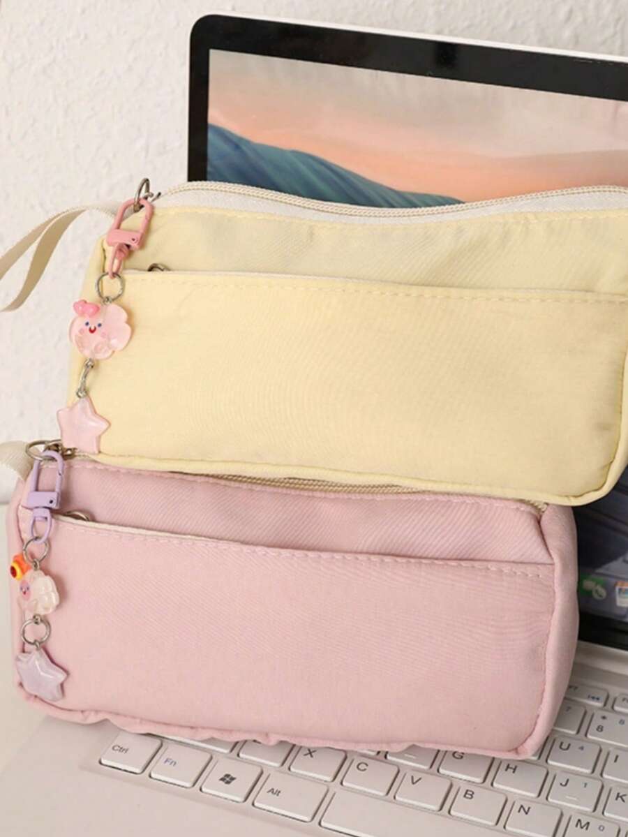 1pc New Ins Simplicity Solid Style Large Capacity Cute Plush Pencil Case With Keychain Simple Stationery Organizer Bag For Students - Pencil Case - View 1