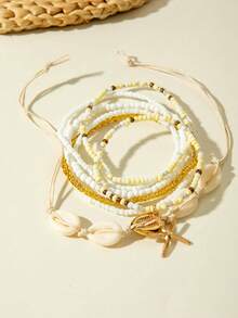 imoli 7pcs/Set Bohemian Resin Faux Shell & Starfish Multi-Layer Anklets, Summer Beach Beaded Stackable Anklets, Vacation Ocean Style Women's Foot Jewelry - Multicolor - View 6