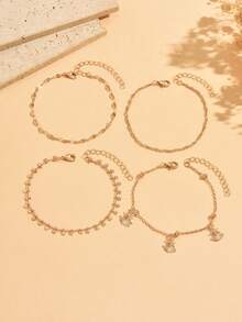 4pcs/Set Classic All-Match Multi-Layer Gold Anklet Set, Fashionable Versatile Star Tassel Rhinestone Cross Star Decor Women's Foot Jewelry, Suitable For Daily Wear And Vacation Party, Chain Cut By Length, Number Of Sections Not Fixed - Gold - View 2