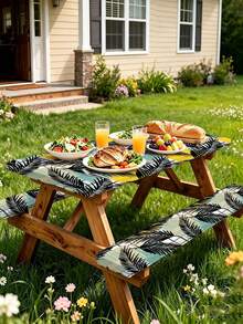 3 Pieces Picnic Tablecloth Set With Bench Cover, Elastic Edge Design, Leaf Pattern With Minimalist Geometric Pattern, Washable Rectangular Tablecloth, Suitable For Wedding, Camping, Picnic, Garden Party And Other Occasions, Practical Essential - D - View 4