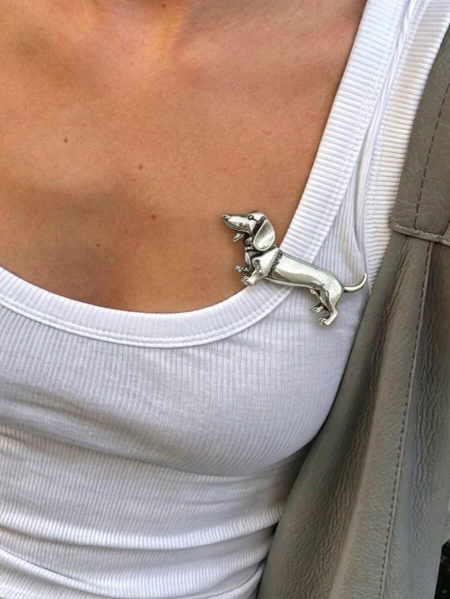 1pc Cute Dachshund Dog Brooch, Fashionable Versatile Multi-Function Women's Brooch Pin - Silver Puppy - View 1